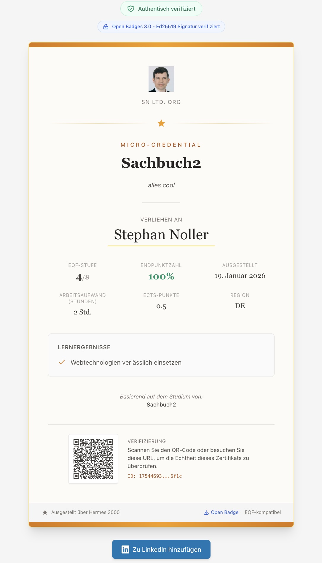 Beispiel eines Micro-Credential Zertifikats
